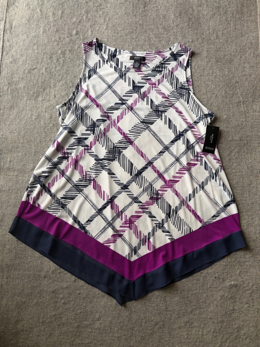 Alfani White Plaid Tank with Purple & Navy Chevron Hem
